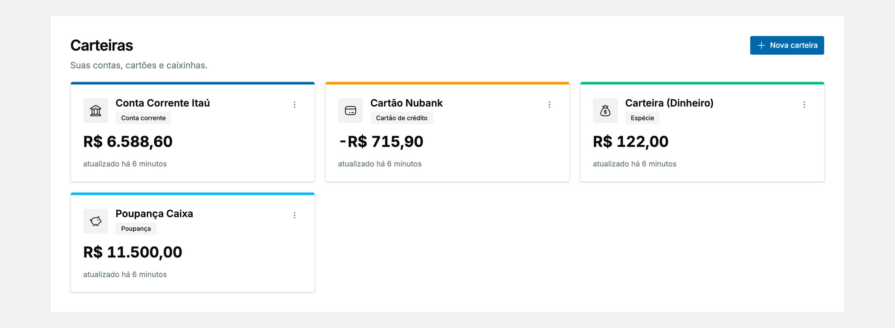 Tela do Kashes mostrando saldo em tempo real por carteira